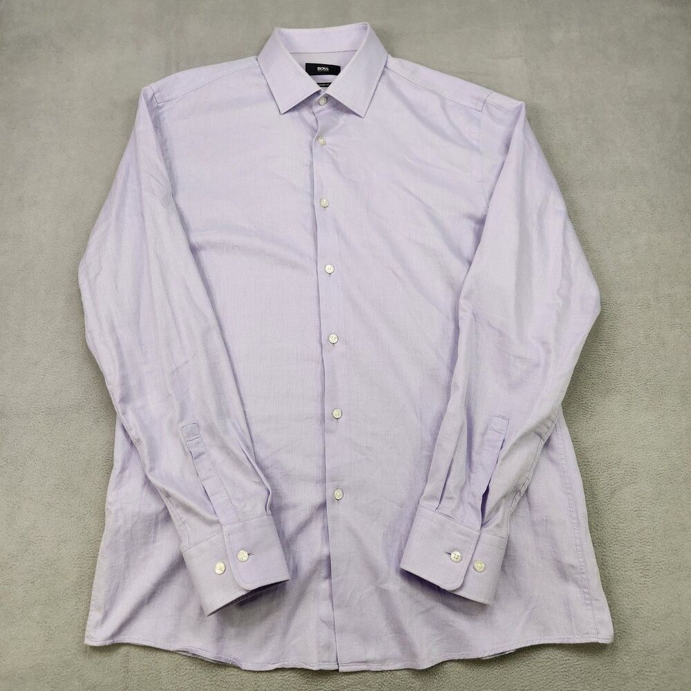 Hugo Boss Dress Shirt Men 16-34/35 Purple Long Sleeve Button Up Sharp Fit Marley